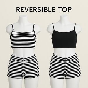NWOT Striped Black/White Ribbed Reversible Top & Shorts Bottoms Bikini Set